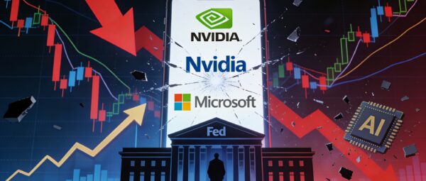 깨진 스마트폰에 엔비디아, 마이크로소프트 로고, 주식 차트, AI 칩, 연준 건물 (Nvidia and Microsoft logos on a broken smartphone, stock charts, AI chip, and Fed building)