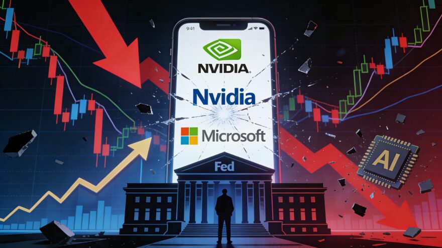 깨진 스마트폰에 엔비디아, 마이크로소프트 로고, 주식 차트, AI 칩, 연준 건물 (Nvidia and Microsoft logos on a broken smartphone, stock charts, AI chip, and Fed building)