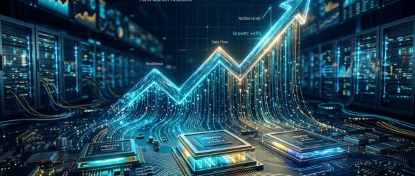 A high-angle, cinematic shot of a sophisticated digital landscape where glowing streams of data and translucent semiconductor circuits converge to form a powerful, ascending graph line. In the foreground, detailed 3D renderings of advanced HBM memory chips pulse with inner light. The background features a sleek, high-tech server environment with soft-focus bokeh of financial data visualizations. The overall mood is one of technological power and a strong market rebound, using a professional palette of deep navy, vibrant cyan, and hits of golden light to signify growth and resilience.