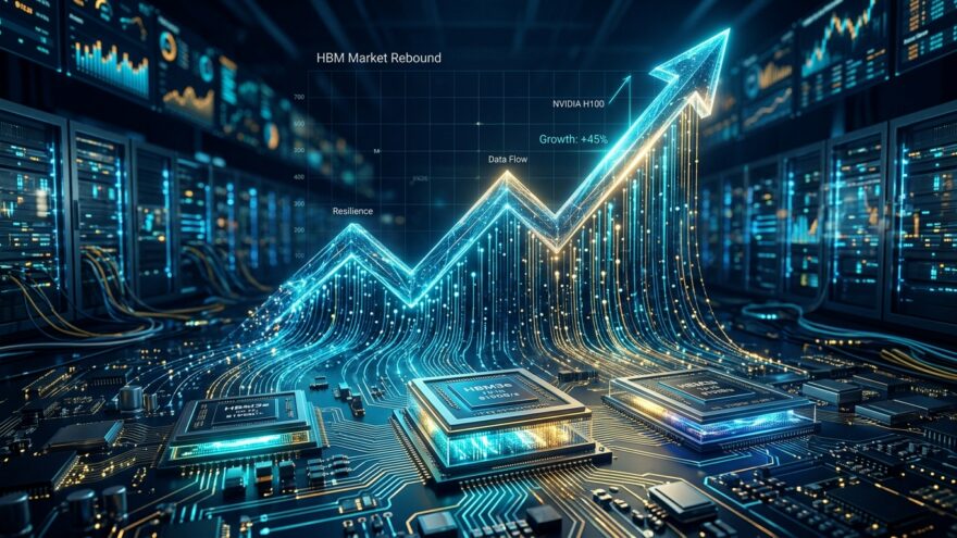 A high-angle, cinematic shot of a sophisticated digital landscape where glowing streams of data and translucent semiconductor circuits converge to form a powerful, ascending graph line. In the foreground, detailed 3D renderings of advanced HBM memory chips pulse with inner light. The background features a sleek, high-tech server environment with soft-focus bokeh of financial data visualizations. The overall mood is one of technological power and a strong market rebound, using a professional palette of deep navy, vibrant cyan, and hits of golden light to signify growth and resilience.