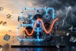 A cinematic, conceptual editorial illustration representing the complexity of global macroeconomics as a sophisticated, high-order mathematical machine. At the center is a magnificent, intricate mechanical structure made of translucent glass, polished chrome, and obsidian gears, where every part is interconnected. Within this mechanism, glowing blue energy pulses represent liquidity flows, while a prominent, twisting neon-orange ribbon traces a fluctuating yield curve through the gears. The structure is set within a vast, minimalist digital space under a split sky: one half glows with a calm, golden "Goldilocks" sunrise, while the other half is shadowed by a brewing, dark storm with sharp silver lightning representing a "hard landing." Floating geometric prisms containing abstract symbols of gold, digital circuitry, and currency orbit the central machine, shifting in brightness based on the machine's movement. The overall aesthetic is professional, sophisticated, and futuristic, with dramatic volumetric lighting and a sharp, high-detail finish.