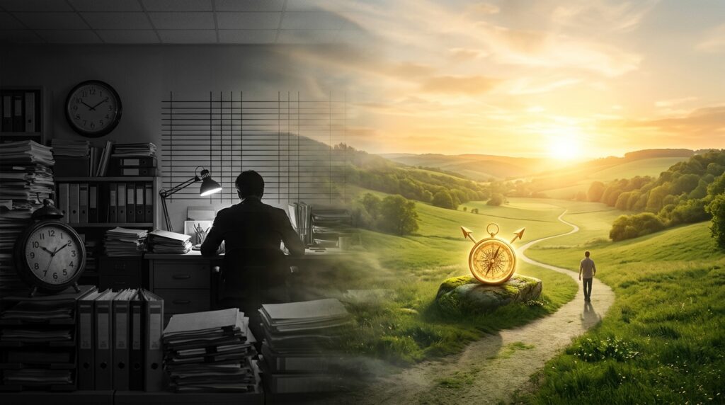 미국 ETF로 완성하는 월급 독립 2 A cinematic, symbolic conceptual photograph representing financial freedom and