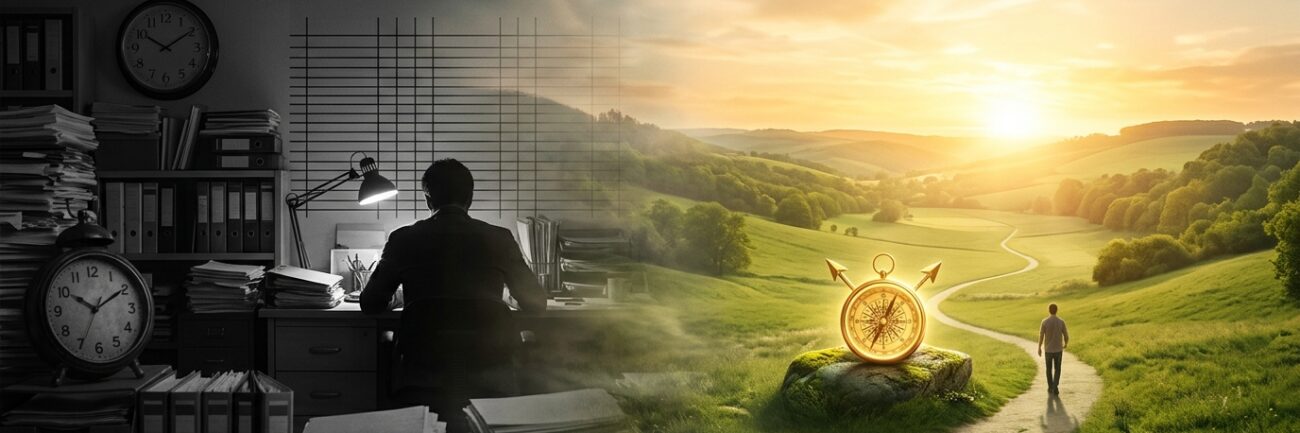 미국 ETF로 완성하는 월급 독립 1 A cinematic, symbolic conceptual photograph representing financial freedom and time sovereignty. On the left side, a dim, monochrome, structured office environment with paper stacks and clocks. On the right side, a glowing, warm, golden sunrise over a vast, peaceful green landscape with a golden compass illuminating the path. Seamless surreal blending between the two worlds. High-end modern digital art style, volumetric lighting, photorealistic, 8k resolution, no text, textless, no letters, no typography, clean visual. --ar 16:9