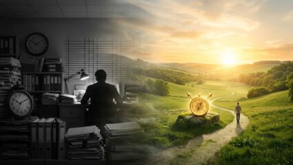 미국 ETF로 완성하는 월급 독립 2 A cinematic, symbolic conceptual photograph representing financial freedom and time sovereignty. On the left side, a dim, monochrome, structured office environment with paper stacks and clocks. On the right side, a glowing, warm, golden sunrise over a vast, peaceful green landscape with a golden compass illuminating the path. Seamless surreal blending between the two worlds. High-end modern digital art style, volumetric lighting, photorealistic, 8k resolution, no text, textless, no letters, no typography, clean visual. --ar 16:9