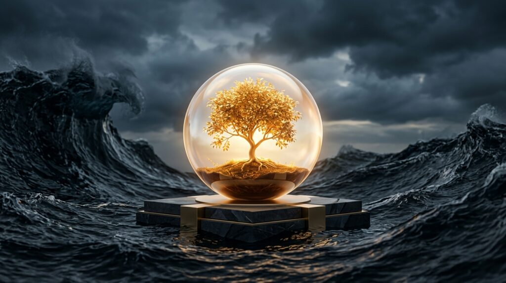 미국 ETF로 완성하는 월급 독립 4 A conceptual 3D surreal illustration. In the background, a stormy ocean with