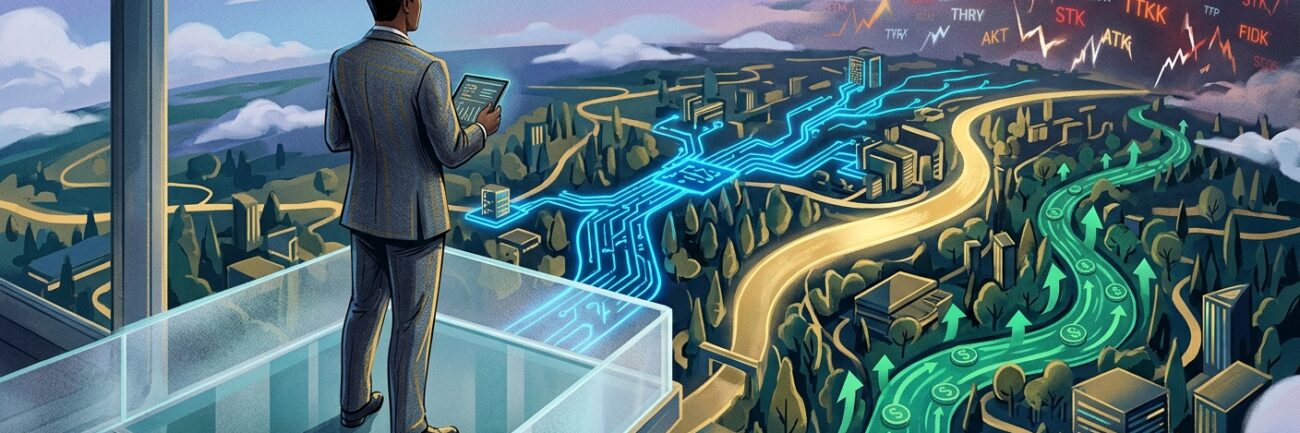 A high-concept, cinematic editorial illustration representing macro-economic asset allocation. A visionary figure stands on a translucent glass platform overlooking a vast, interconnected global landscape. Below, the "forest" of the global economy is visible, with glowing streams of light representing three core pillars: vibrant neon-blue circuits for AI and tech growth, steady golden ribbons for government bonds and stability, and a rhythmic, flowing emerald stream for consistent dividend income. The atmosphere is serene and organized, contrasting with a chaotic, flickering storm of individual stock tickers in the distant background. The lighting is sophisticated and atmospheric, using a palette of deep navy, gold, and teal to convey professional financial clarity and a broad, strategic perspective.