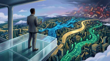A high-concept, cinematic editorial illustration representing macro-economic asset allocation. A visionary figure stands on a translucent glass platform overlooking a vast, interconnected global landscape. Below, the "forest" of the global economy is visible, with glowing streams of light representing three core pillars: vibrant neon-blue circuits for AI and tech growth, steady golden ribbons for government bonds and stability, and a rhythmic, flowing emerald stream for consistent dividend income. The atmosphere is serene and organized, contrasting with a chaotic, flickering storm of individual stock tickers in the distant background. The lighting is sophisticated and atmospheric, using a palette of deep navy, gold, and teal to convey professional financial clarity and a broad, strategic perspective.