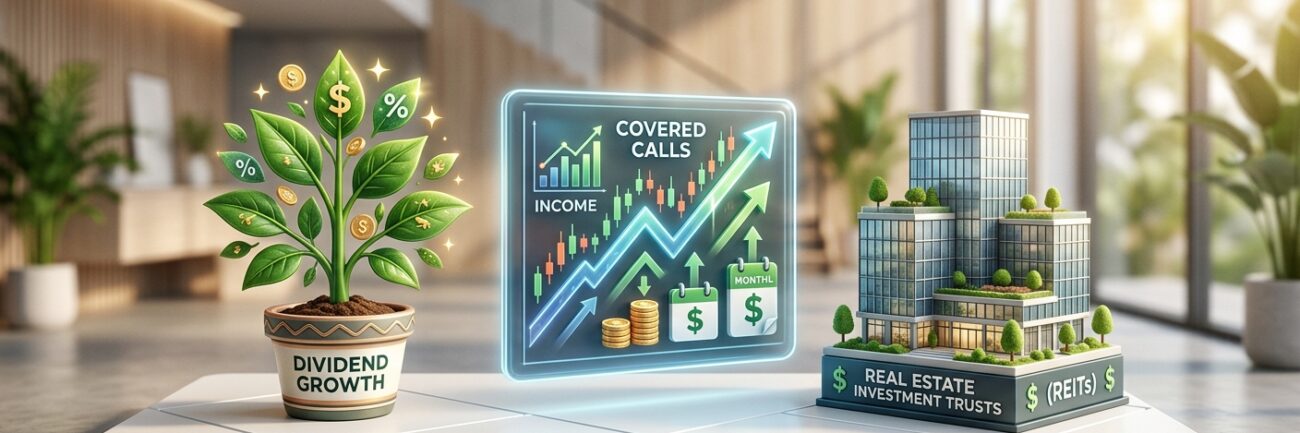 A professional, editorial 3D illustration representing three pillars of a stable investment portfolio for financial independence. On a minimalist white platform, three distinct icons are showcased: a flourishing green plant with golden leaves symbolizing dividend growth; a sleek, translucent digital screen displaying an upward-trending stock graph with recurring monthly payment symbols for covered call strategies; and a detailed architectural model of a modern glass-walled office building representing real estate investment trusts. The background is a soft, out-of-focus modern interior bathed in warm morning sunlight, creating a mood of security, prosperity, and long-term financial growth.