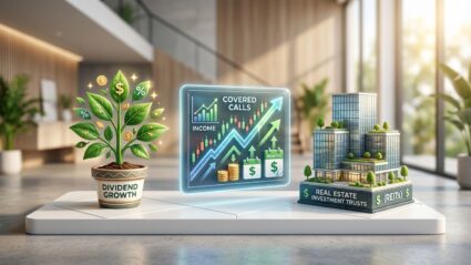 A professional, editorial 3D illustration representing three pillars of a stable investment portfolio for financial independence. On a minimalist white platform, three distinct icons are showcased: a flourishing green plant with golden leaves symbolizing dividend growth; a sleek, translucent digital screen displaying an upward-trending stock graph with recurring monthly payment symbols for covered call strategies; and a detailed architectural model of a modern glass-walled office building representing real estate investment trusts. The background is a soft, out-of-focus modern interior bathed in warm morning sunlight, creating a mood of security, prosperity, and long-term financial growth.