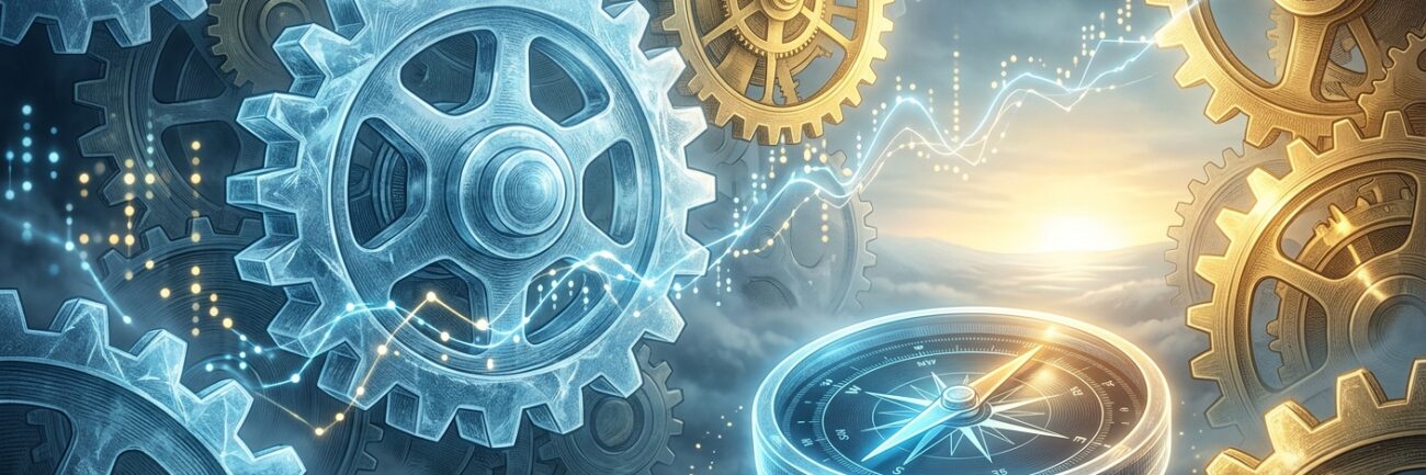 거시경제 지표로 ETF 투자 방향성 결정 1 A sophisticated, editorial-style conceptual illustration of the global financial market depicted as a vast, intricate machine. In a deep atmospheric space, massive translucent gears and golden clockwork mechanisms interlock, representing core macroeconomic drivers. In the foreground, a luminescent, futuristic compass floats, its needle cutting through a soft, dissipating mist toward a bright, rising horizon. The environment subtly transitions from a cool, icy blue crystalline texture on one side to a warm, radiant golden glow on the other, symbolizing the shift of economic seasons. Floating holographic line graphs and glowing data points weave through the air like ribbons of light, reflecting the flow of assets and the pull of economic gravity. The style is cinematic and visionary, with a sharp focus on intricate textures and a professional, high-contrast aesthetic.