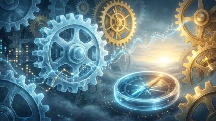 거시경제 지표로 ETF 투자 방향성 결정 2 A sophisticated, editorial-style conceptual illustration of the global financial market depicted as a vast, intricate machine. In a deep atmospheric space, massive translucent gears and golden clockwork mechanisms interlock, representing core macroeconomic drivers. In the foreground, a luminescent, futuristic compass floats, its needle cutting through a soft, dissipating mist toward a bright, rising horizon. The environment subtly transitions from a cool, icy blue crystalline texture on one side to a warm, radiant golden glow on the other, symbolizing the shift of economic seasons. Floating holographic line graphs and glowing data points weave through the air like ribbons of light, reflecting the flow of assets and the pull of economic gravity. The style is cinematic and visionary, with a sharp focus on intricate textures and a professional, high-contrast aesthetic.