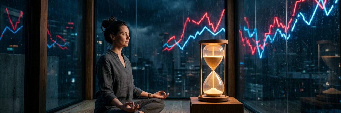 우리가 '돈'이 없지, '시간'이 없는가? 1 A wide-angle, cinematic shot of a composed individual sitting in a meditative posture within a serene, minimalist glass sanctuary. Outside the glass, a chaotic storm of vibrant red and blue neon light streaks, resembling volatile stock market graphs, zags through a dark and turbulent atmosphere. Inside the sanctuary, a large, elegant hourglass stands prominently, its sand flowing steadily and glowing with a soft, warm light to symbolize the power of patience. The person remains calm and still, unaffected by the external digital chaos, embodying discipline and a long-term perspective. The lighting is a professional blend of cool atmospheric blues and focused golden highlights, creating a high-end editorial aesthetic.
