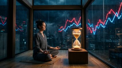 A wide-angle, cinematic shot of a composed individual sitting in a meditative posture within a serene, minimalist glass sanctuary. Outside the glass, a chaotic storm of vibrant red and blue neon light streaks, resembling volatile stock market graphs, zags through a dark and turbulent atmosphere. Inside the sanctuary, a large, elegant hourglass stands prominently, its sand flowing steadily and glowing with a soft, warm light to symbolize the power of patience. The person remains calm and still, unaffected by the external digital chaos, embodying discipline and a long-term perspective. The lighting is a professional blend of cool atmospheric blues and focused golden highlights, creating a high-end editorial aesthetic.