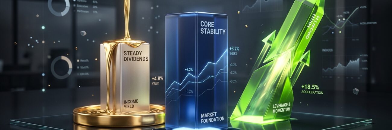 An editorial 3D financial illustration depicting a strategic portfolio visual with three distinct geometric pillars set upon a sleek, reflective dark glass platform. The central pillar is a solid, glowing navy-blue glass structure representing core market stability. To its left stands a warm silver pillar surrounded by a steady, pouring stream of liquid gold flowing into a polished basin, representing steady dividend income. To its right, a dynamic, sharp-angled neon-green pillar surges powerfully upward into the air like a rocket, representing high-growth leverage and momentum. Soft atmospheric lighting, ambient floating glowing data nodes, cinematic depth of field, and a modern executive investment aesthetic.