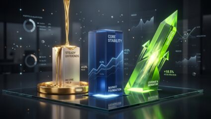 An editorial 3D financial illustration depicting a strategic portfolio visual with three distinct geometric pillars set upon a sleek, reflective dark glass platform. The central pillar is a solid, glowing navy-blue glass structure representing core market stability. To its left stands a warm silver pillar surrounded by a steady, pouring stream of liquid gold flowing into a polished basin, representing steady dividend income. To its right, a dynamic, sharp-angled neon-green pillar surges powerfully upward into the air like a rocket, representing high-growth leverage and momentum. Soft atmospheric lighting, ambient floating glowing data nodes, cinematic depth of field, and a modern executive investment aesthetic.