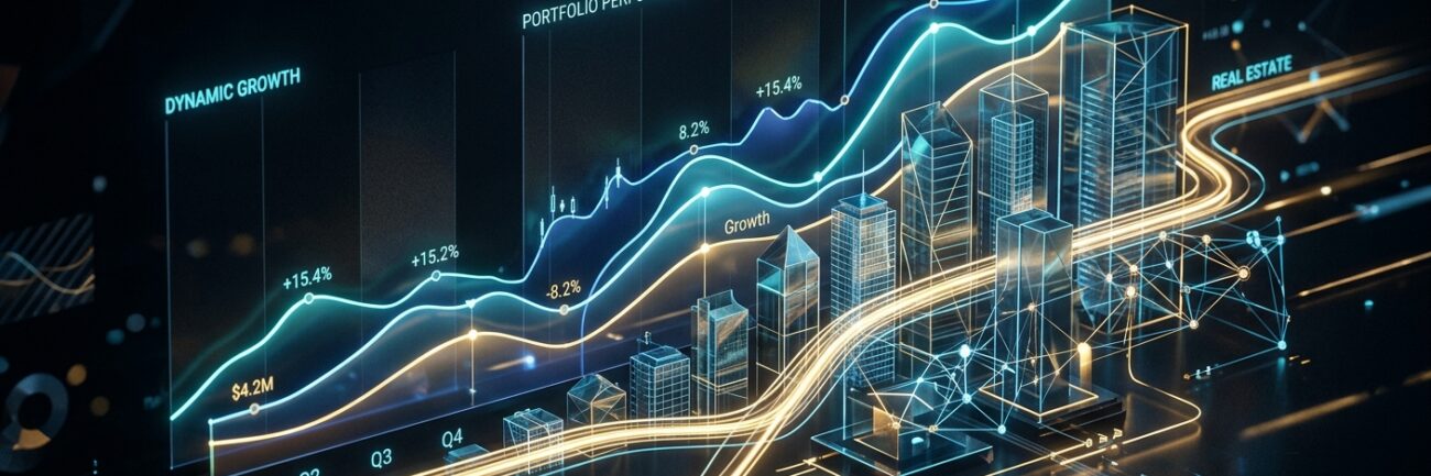 An editorial visual representation of modern investment strategies and dynamic portfolio growth. In a sleek, dark abstract studio setting, glowing holographic line charts curve smoothly upward. Intertwined with the financial graphs are translucent, minimalist geometric models of modern skyscrapers and digital data networks, visually representing real estate assets and technology innovation. Luminescent pathways of warm golden light weave through the composition like steady financial pipelines. The scene is illuminated with sophisticated neon cyan, deep cobalt blue, and rich metallic gold accents, creating a high-end, polished 3D concept render suitable for a premium wealth management publication.