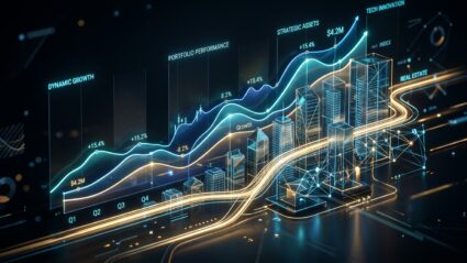 An editorial visual representation of modern investment strategies and dynamic portfolio growth. In a sleek, dark abstract studio setting, glowing holographic line charts curve smoothly upward. Intertwined with the financial graphs are translucent, minimalist geometric models of modern skyscrapers and digital data networks, visually representing real estate assets and technology innovation. Luminescent pathways of warm golden light weave through the composition like steady financial pipelines. The scene is illuminated with sophisticated neon cyan, deep cobalt blue, and rich metallic gold accents, creating a high-end, polished 3D concept render suitable for a premium wealth management publication.
