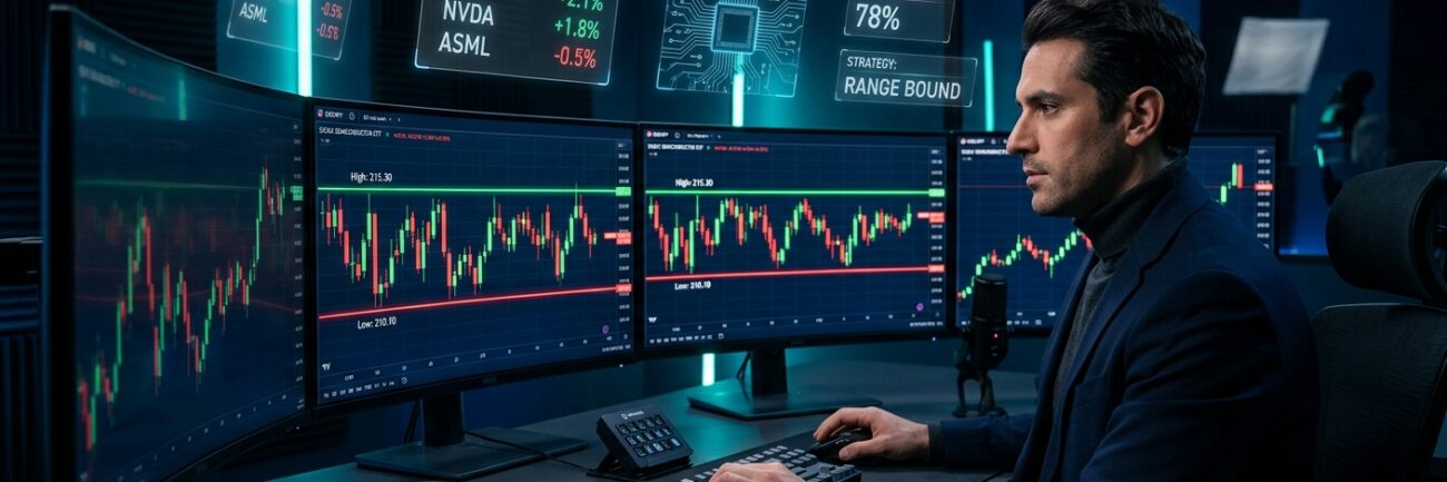A high-end editorial photograph of a modern, sleek financial trading desk set in a moody, dimly lit dark blue studio. On multiple glass curved monitors, vibrant glowing candlestick stock charts fluctuate within a tightly bound horizontal box-range channel. Floating atmospheric holographic data displays crisp financial metrics and microchip-inspired circuit patterns, representing semiconductor market influences. A disciplined, minimalist workspace atmosphere with polished graphite surfaces, deep blue dynamic lighting, subtle cyan and neon green highlights, and crisp visual focus, evoking strategic analysis, market precision, and calm financial execution amidst volatility.