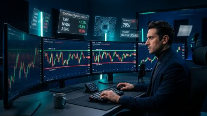 A high-end editorial photograph of a modern, sleek financial trading desk set in a moody, dimly lit dark blue studio. On multiple glass curved monitors, vibrant glowing candlestick stock charts fluctuate within a tightly bound horizontal box-range channel. Floating atmospheric holographic data displays crisp financial metrics and microchip-inspired circuit patterns, representing semiconductor market influences. A disciplined, minimalist workspace atmosphere with polished graphite surfaces, deep blue dynamic lighting, subtle cyan and neon green highlights, and crisp visual focus, evoking strategic analysis, market precision, and calm financial execution amidst volatility.