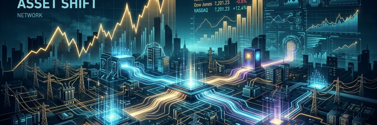 A sophisticated editorial digital illustration representing global financial dynamics and capital shifting. A dramatic, dark, futuristic abstract scene featuring rising glowing golden line graphs and stock ticker data towering over an illuminated digital landscape. Streams of luminous neon light flow like liquid capital from shimmering futuristic server nodes and microchips into a sprawling network of glowing high-voltage power grids, energy conduits, and electrical transformers. A deep navy blue and dark cyan background creates a moody, high-stakes atmosphere, enhanced by sharp cinematic lighting, subtle atmospheric depth, and intricate financial data visualizations.