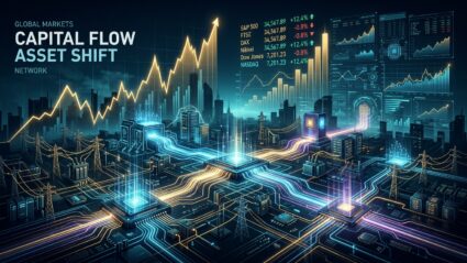 A sophisticated editorial digital illustration representing global financial dynamics and capital shifting. A dramatic, dark, futuristic abstract scene featuring rising glowing golden line graphs and stock ticker data towering over an illuminated digital landscape. Streams of luminous neon light flow like liquid capital from shimmering futuristic server nodes and microchips into a sprawling network of glowing high-voltage power grids, energy conduits, and electrical transformers. A deep navy blue and dark cyan background creates a moody, high-stakes atmosphere, enhanced by sharp cinematic lighting, subtle atmospheric depth, and intricate financial data visualizations.