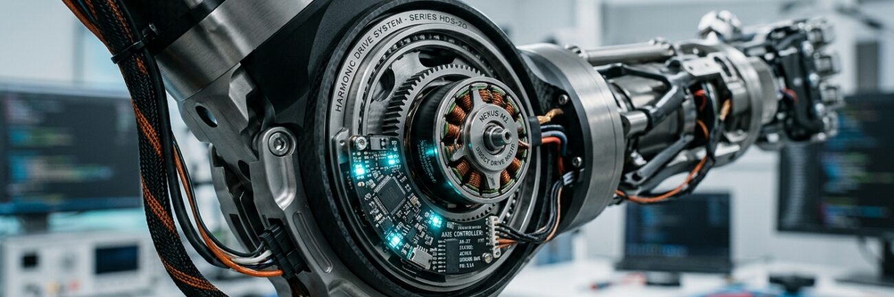 A sophisticated, high-tech close-up of a futuristic humanoid robot's articulated joint mechanism. The intricate internal engineering reveals precision gear reducers, a compact direct-drive electric motor, and integrated micro-controller circuitry glowing subtly with cyan indicator lights. Modern industrial design with brushed metallic titanium and matte black carbon fiber textures. The setting is a clean, softly lit robotic development laboratory with a subtle depth of field. Cinematic lighting, crisp details, high-end editorial photography style showcasing advanced mechanical engineering and next-generation robotics technology.