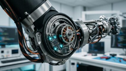A sophisticated, high-tech close-up of a futuristic humanoid robot's articulated joint mechanism. The intricate internal engineering reveals precision gear reducers, a compact direct-drive electric motor, and integrated micro-controller circuitry glowing subtly with cyan indicator lights. Modern industrial design with brushed metallic titanium and matte black carbon fiber textures. The setting is a clean, softly lit robotic development laboratory with a subtle depth of field. Cinematic lighting, crisp details, high-end editorial photography style showcasing advanced mechanical engineering and next-generation robotics technology.