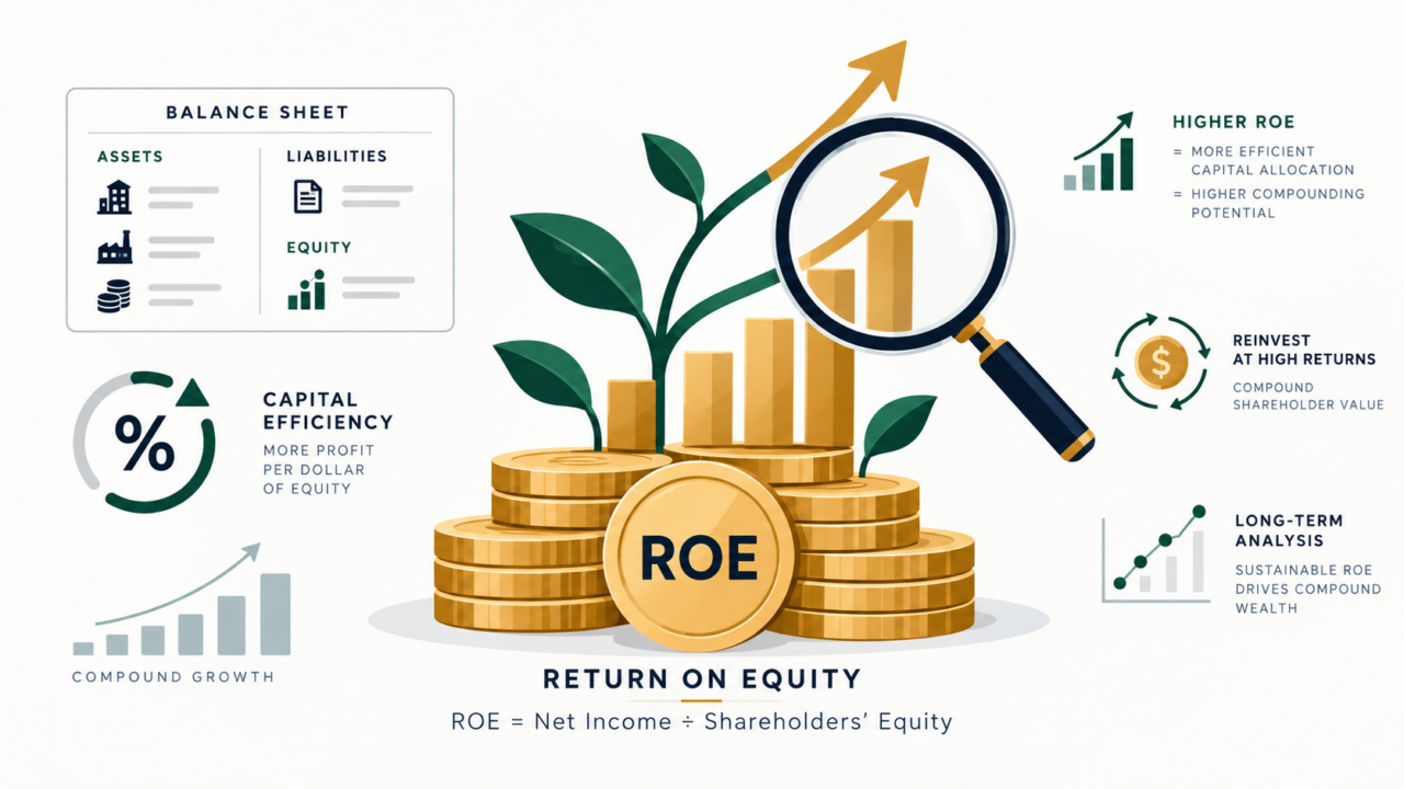 워런 버핏이 가장 먼저 보는 지표: ROE의 본질과 실전 활용법 1 자기자본이익률(ROE)의 개념과 복리 성장 메커니즘을 상징하는 플랫 벡터 일러스트