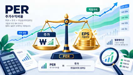 주당순이익(EPS)과 주가수익비율(PER)을 통한 기업 적정주가 계산과 PER 밴드 차트 분석을 상징하는 플랫 벡터 일러스트