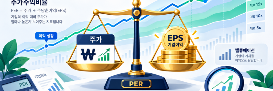 주당순이익(EPS)과 주가수익비율(PER)을 통한 기업 적정주가 계산과 PER 밴드 차트 분석을 상징하는 플랫 벡터 일러스트