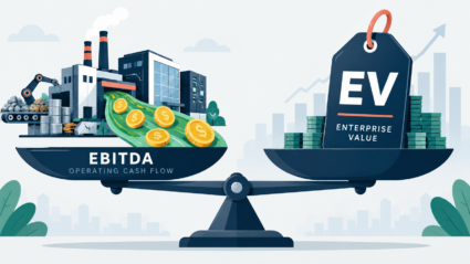 기업의 총 인수 비용(EV)과 순수 영업 현금 창출력(EBITDA)의 비율을 시각화한 플랫 벡터 일러스트