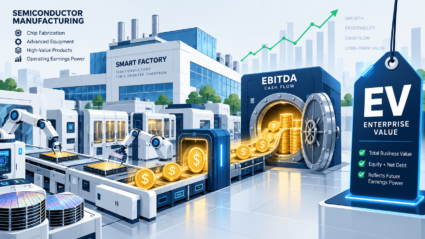 기업의 총 인수 비용(EV)과 순수 영업 현금 흐름(EBITDA)의 관계를 시각화한 플랫 벡터 일러스트