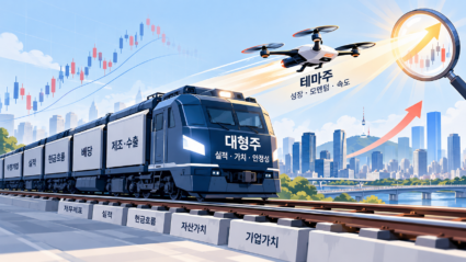 실적 기반의 주도주와 모멘텀 중심의 테마주 차이점 및 HTS 발굴 루틴을 나타낸 플랫 벡터 일러스트
