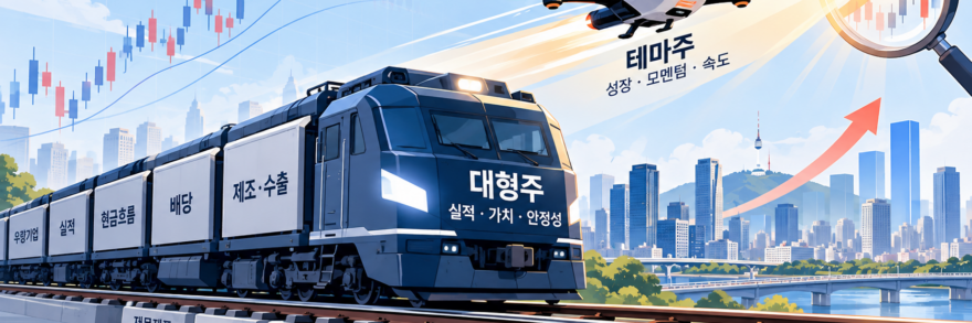 주도주와 테마주 구별법: 시장의 거대한 돈줄기를 타는 법 1 실적 기반의 주도주와 모멘텀 중심의 테마주 차이점 및 HTS 발굴 루틴을 나타낸 플랫 벡터 일러스트