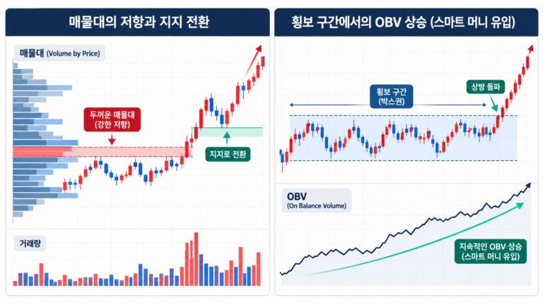 매물대 차트의 돌파 전후 저항·지지 전환 원리와 주가 횡보 중 OBV 상승을 통한 매집 포착 다이어그램