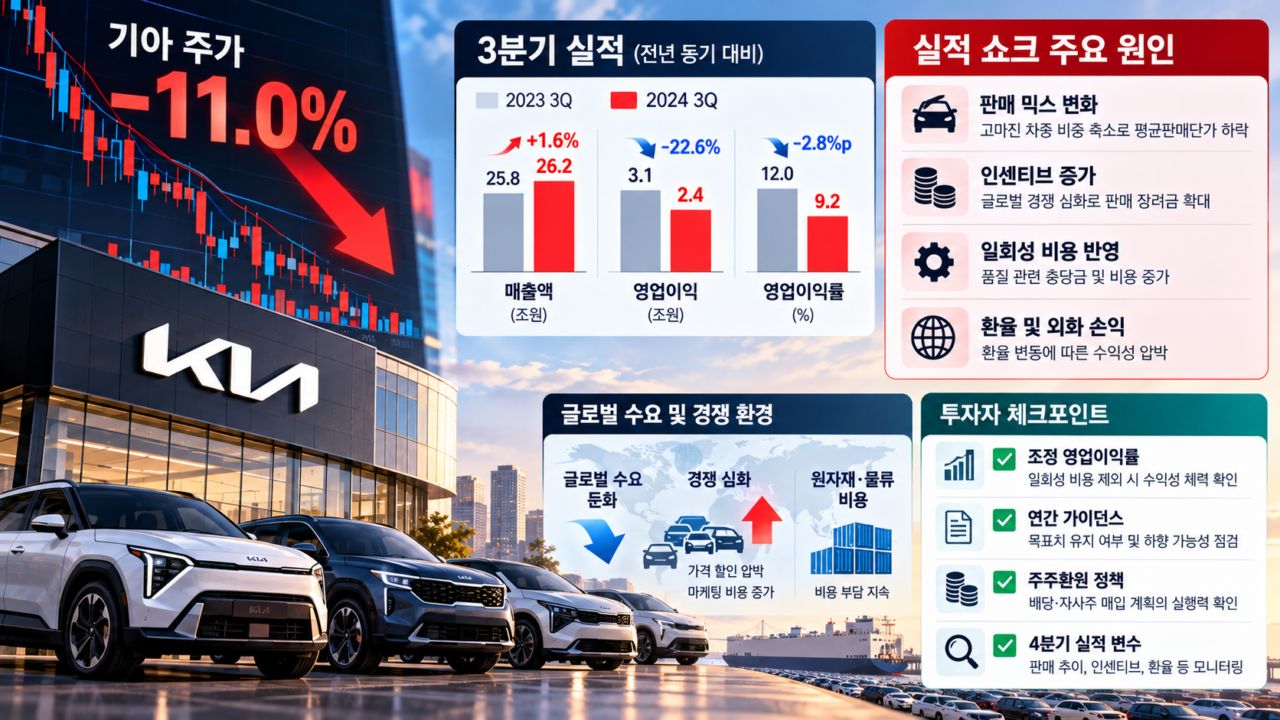 기아 3분기 실적 쇼크와 주가 11% 급락 원인을 영업이익률, 판매 믹스, 인센티브, 일회성 비용과 가이던스 기준으로 분석하는 자동차주 투자 콘텐츠