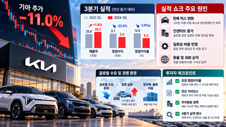 기아 주가 급락 원인과 3분기 실적 쇼크가 남긴 체크포인트 2 기아 3분기 실적 쇼크와 주가 11% 급락 원인을 영업이익률, 판매 믹스, 인센티브, 일회성 비용과 가이던스 기준으로 분석하는 자동차주 투자 콘텐츠