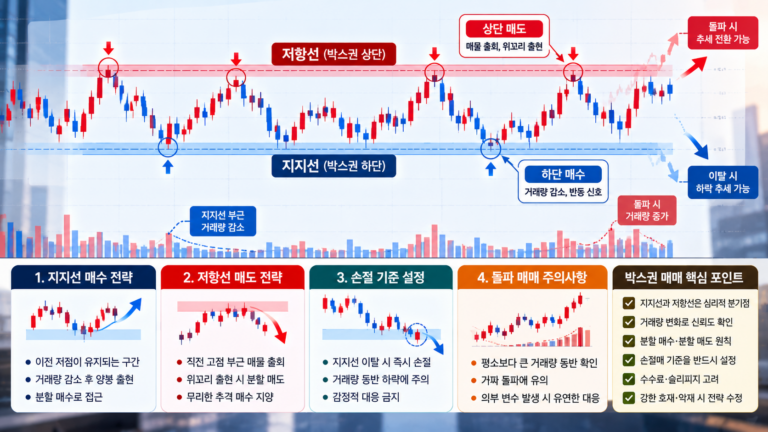 박스권 장세에서 지지선·저항선과 거래량을 활용해 하단 분할매수, 상단 분할매도, 돌파 확인과 손절 기준을 설정하는 주식 매매 전략