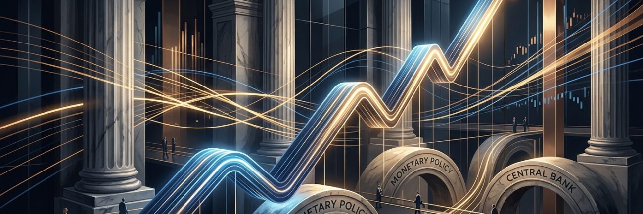 A conceptual editorial illustration illustrating central bank monetary policy and rising bond yields. A dramatic, glowing 3D line graph sweeps upward in a steep curve across a grand, atmospheric hall. The setting features a fusion of classic neoclassical central bank marble columns and modern dark glass reflections. Streams of golden and deep blue light trails intersect, symbolizing market volatility and interest rate shifts. High-contrast lighting with deep shadows, elegant navy, charcoal, and warm metallic tones. Sophisticated, clean visual composition suited for a premium financial magazine, with a sleek, abstract aesthetic.