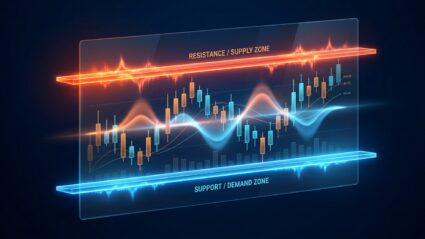 A sleek conceptual illustration representing range-bound stock market dynamics. In a dark, sophisticated digital environment, stylized financial candlestick patterns float between two glowing horizontal light barriers—an intense orange-red resistance plane at the top and a vibrant cool-blue support plane at the bottom. Energy waves softly pulse between these boundaries, symbolizing the dynamic tension and balance between buying and selling forces. The composition features translucent glass textures, subtle holographic chart lines bouncing neatly within the bounded range, and a deep navy background with dramatic ambient lighting. Modern financial art style, clean editorial visual aesthetic.