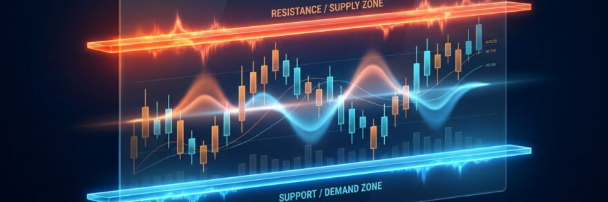A sleek conceptual illustration representing range-bound stock market dynamics. In a dark, sophisticated digital environment, stylized financial candlestick patterns float between two glowing horizontal light barriers—an intense orange-red resistance plane at the top and a vibrant cool-blue support plane at the bottom. Energy waves softly pulse between these boundaries, symbolizing the dynamic tension and balance between buying and selling forces. The composition features translucent glass textures, subtle holographic chart lines bouncing neatly within the bounded range, and a deep navy background with dramatic ambient lighting. Modern financial art style, clean editorial visual aesthetic.