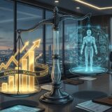An editorial conceptual illustration representing high-stakes corporate finance and technological governance. Set within a sleek, ultra-modern corporate boardroom overlooking a sprawling futuristic city skyline at dusk, a central visual metaphor dominates the space: a large, glowing balance scale crafted from dark polished steel and translucent glass. On one tray of the scale rest massive, radiant golden digital bar charts and glowing financial stock tickers surging upward. On the opposing tray, an intricate, delicate holographic web of geometric nodes, legal blueprint lines, and the glowing silhouette of a humanoid robot hangs in careful tension. The atmosphere is sophisticated, strategic, and intense, illuminated by deep blue, rich charcoal, warm gold, and cyan lighting in a crisp cinematic editorial style.