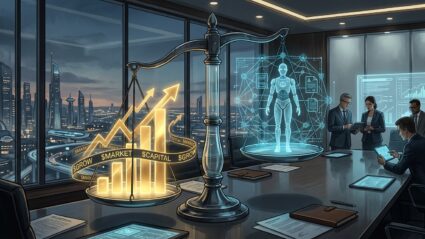 An editorial conceptual illustration representing high-stakes corporate finance and technological governance. Set within a sleek, ultra-modern corporate boardroom overlooking a sprawling futuristic city skyline at dusk, a central visual metaphor dominates the space: a large, glowing balance scale crafted from dark polished steel and translucent glass. On one tray of the scale rest massive, radiant golden digital bar charts and glowing financial stock tickers surging upward. On the opposing tray, an intricate, delicate holographic web of geometric nodes, legal blueprint lines, and the glowing silhouette of a humanoid robot hangs in careful tension. The atmosphere is sophisticated, strategic, and intense, illuminated by deep blue, rich charcoal, warm gold, and cyan lighting in a crisp cinematic editorial style.