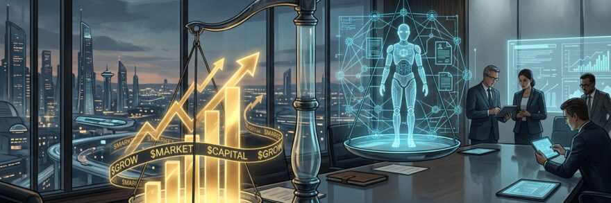 An editorial conceptual illustration representing high-stakes corporate finance and technological governance. Set within a sleek, ultra-modern corporate boardroom overlooking a sprawling futuristic city skyline at dusk, a central visual metaphor dominates the space: a large, glowing balance scale crafted from dark polished steel and translucent glass. On one tray of the scale rest massive, radiant golden digital bar charts and glowing financial stock tickers surging upward. On the opposing tray, an intricate, delicate holographic web of geometric nodes, legal blueprint lines, and the glowing silhouette of a humanoid robot hangs in careful tension. The atmosphere is sophisticated, strategic, and intense, illuminated by deep blue, rich charcoal, warm gold, and cyan lighting in a crisp cinematic editorial style.