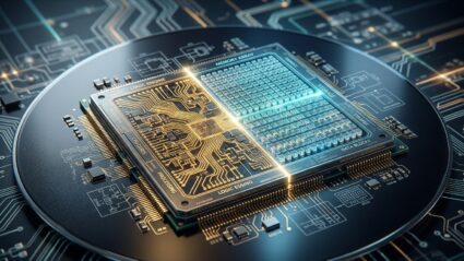 반도체 산업의 기본 구조: 메모리와 비메모리의 이해 2 An editorial-style high-tech visual depicting the intricate dual nature of the semiconductor industry. A sleek, highly detailed microchip sits at the center, visually divided into two harmonious halves resting on a polished dark silicon wafer. The left side represents logic and processing, featuring complex, glowing golden neural circuit pathways, micro-architectures, and delicate CPU logic gates. The right side represents memory and storage, shown as a perfectly organized grid matrix of translucent crystalline data blocks glowing with cool blue and turquoise light. Floating subtly in the softly blurred background are ethereal visual schematics and interconnected circuit traces. Macro shot, dramatic lighting, sharp detail, clean futuristic technology aesthetic.