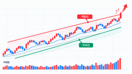 주식 차트의 상승추세선 지지와 하락추세선 저항, 박스권 돌파 매매 전략을 나타낸 플랫 벡터 일러스트