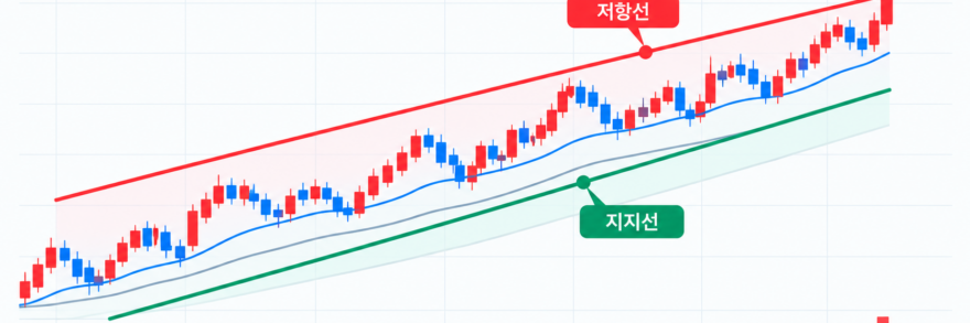 주식 차트의 상승추세선 지지와 하락추세선 저항, 박스권 돌파 매매 전략을 나타낸 플랫 벡터 일러스트