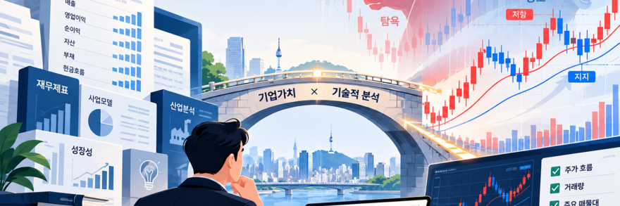 좋은 주식을 언제 사야 할까? 차트와 기술적 분석의 본질 1 기본적 펀더멘털 분석과 기술적 차트 분석의 결합, 주가 추세의 관성과 변곡점 포착 메커니즘을 나타낸 플랫 벡터 일러스트