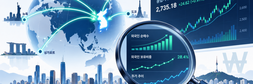 외국인 및 기관 투자자의 자금 성격과 글로벌 수급 흐름, 연속 순매수 추적 방식을 나타낸 플랫 벡터 일러스트
