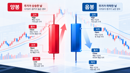 양봉과 음봉의 시가·고가·저가·종가 형성 원리와 캔들 꼬리의 매수·매도 심리를 표현한 플랫 벡터 일러스트